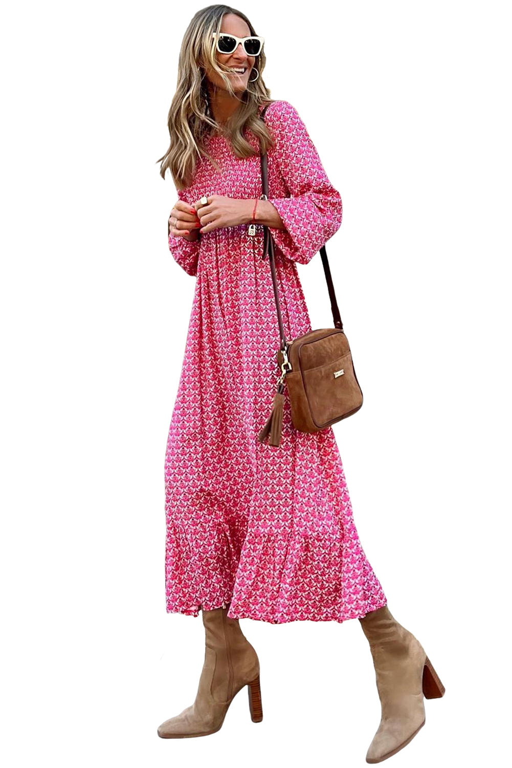 Rose Printed Ruffled Hem Long Dress