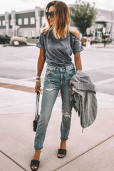 Gray Vintage Asymmetric Cold Shoulder T-shirt