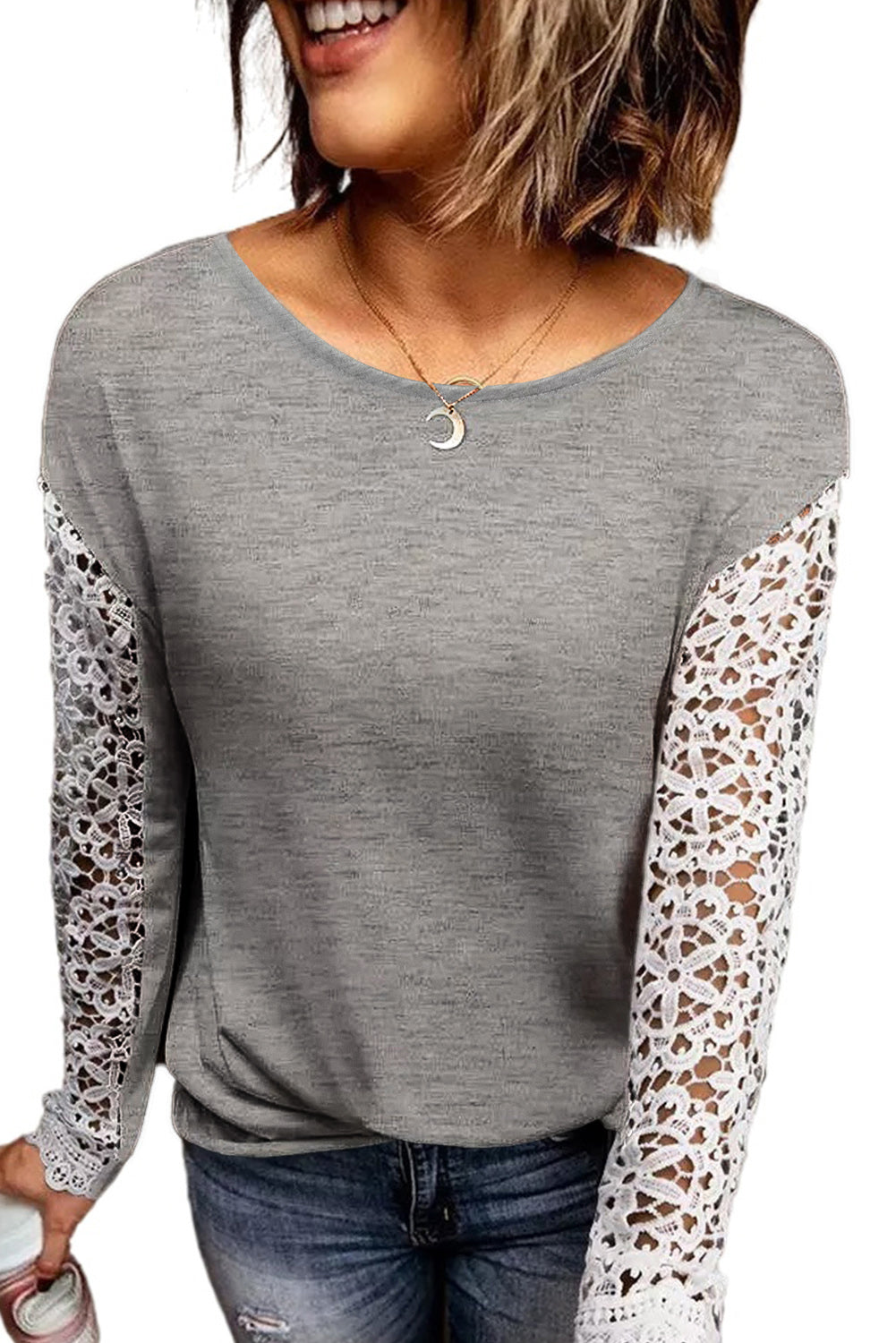 Gray Lace Splicing Long Sleeve Top