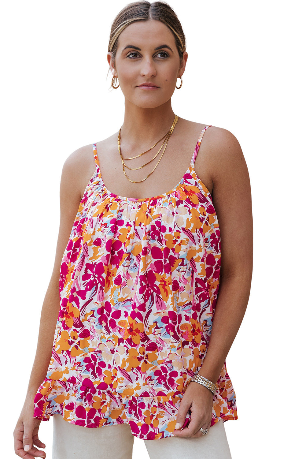 Red Floral Print Loose Fit Spaghetti Strap Tank Top