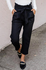 Black Paperbag Belt High Waist Straight Leg Pants