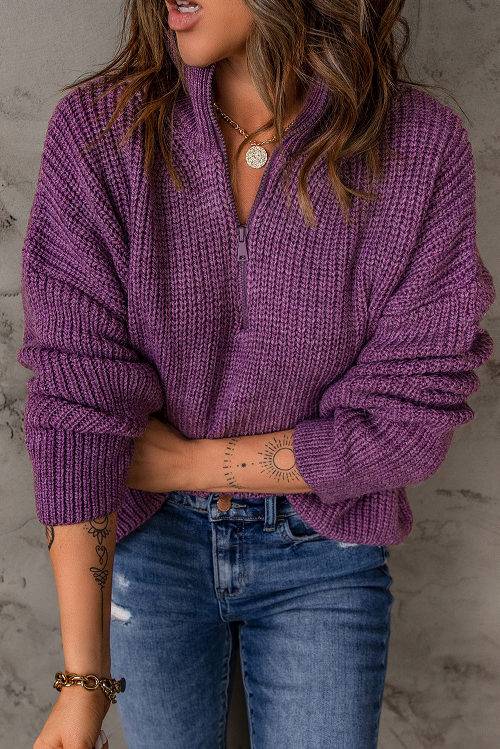 Red Zipped Turtleneck Drop Shoulder Knit Sweater