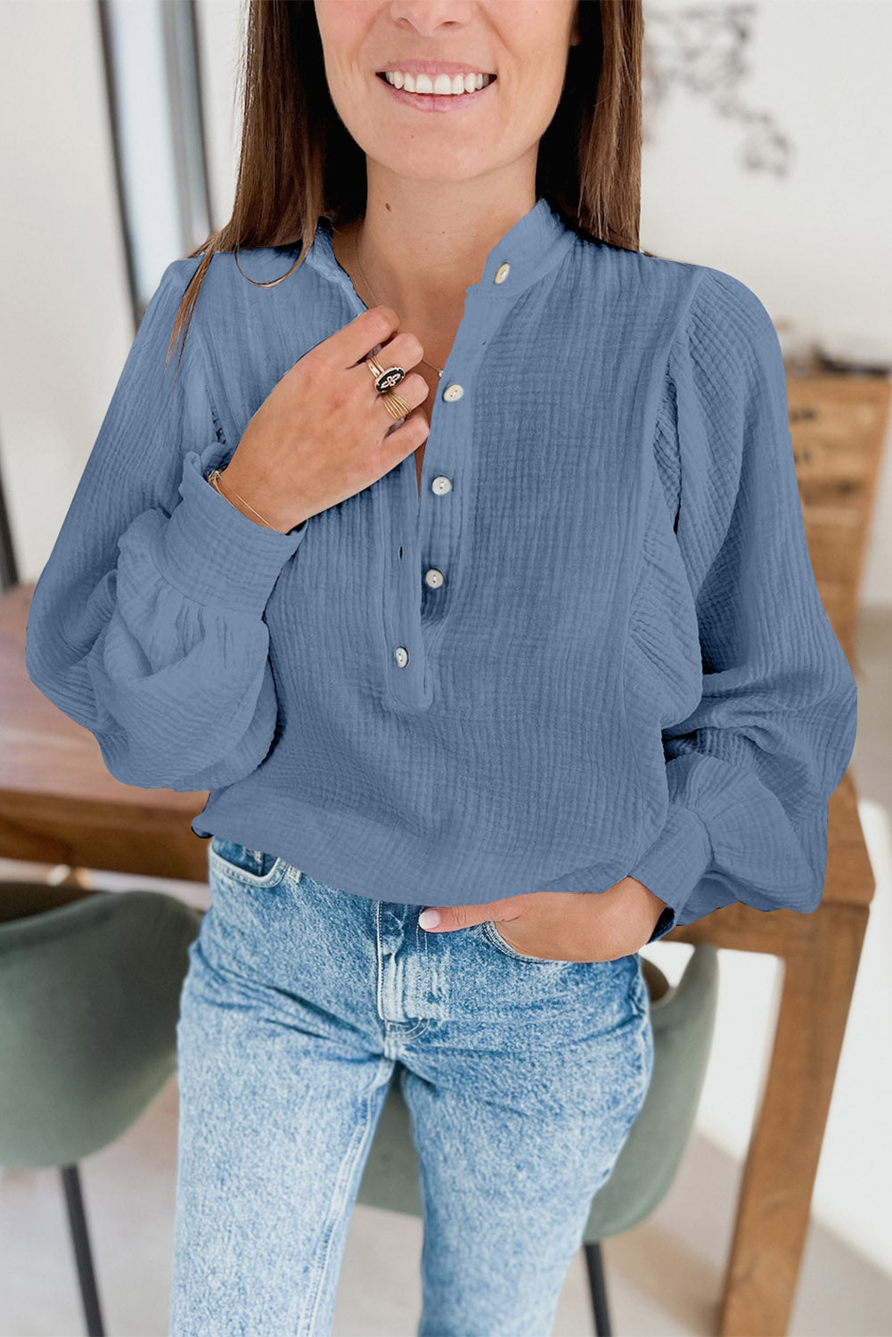 Blue Solid Textured Buttoned Front Bubble Sleeve Blouse