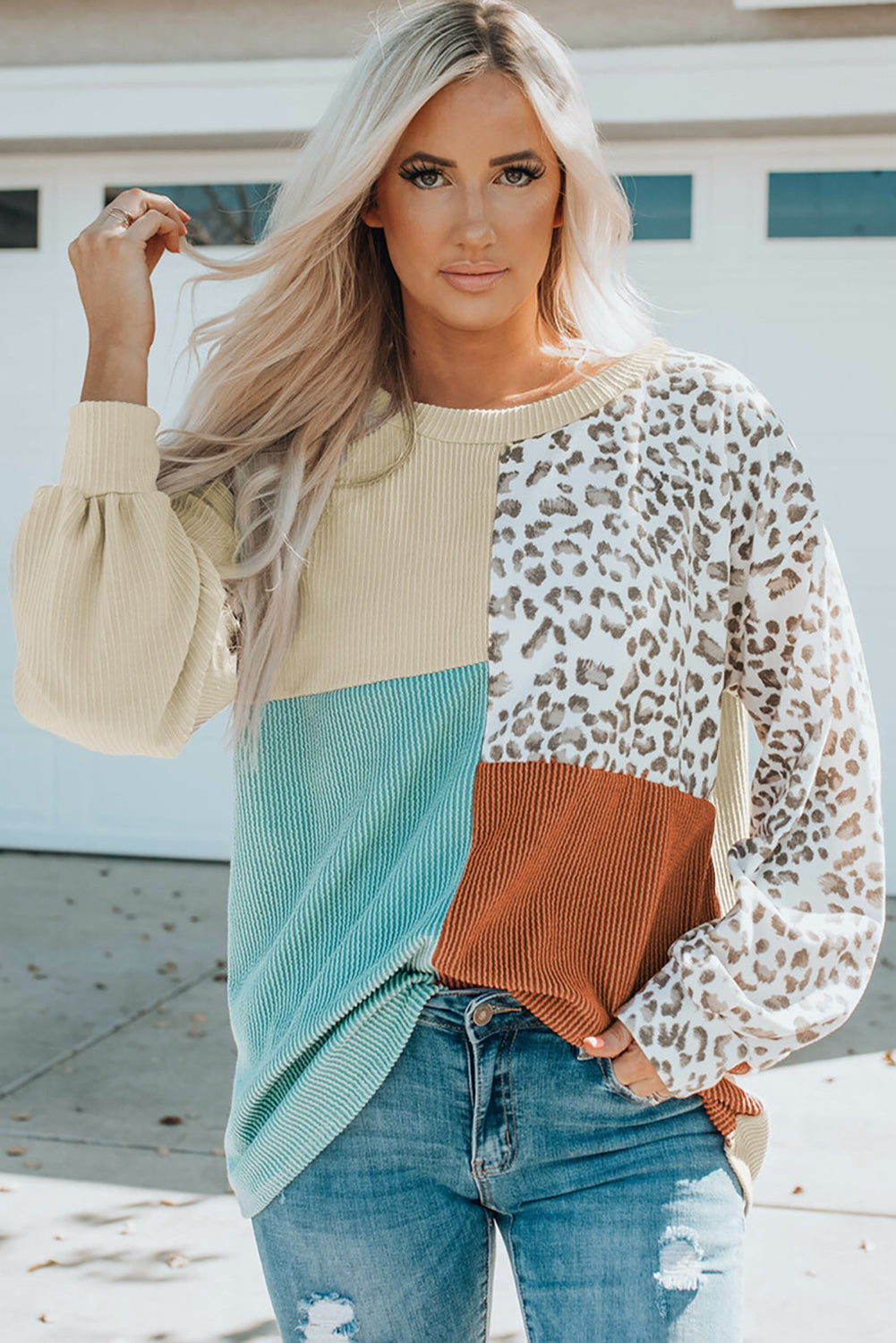 Rose Leopard Patchwork Color Block Ribbed Long Sleeve Top