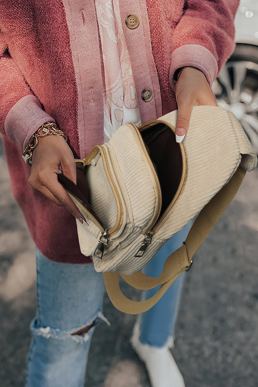 Khaki Double Zip Pocket Corduroy Shoulder Bag