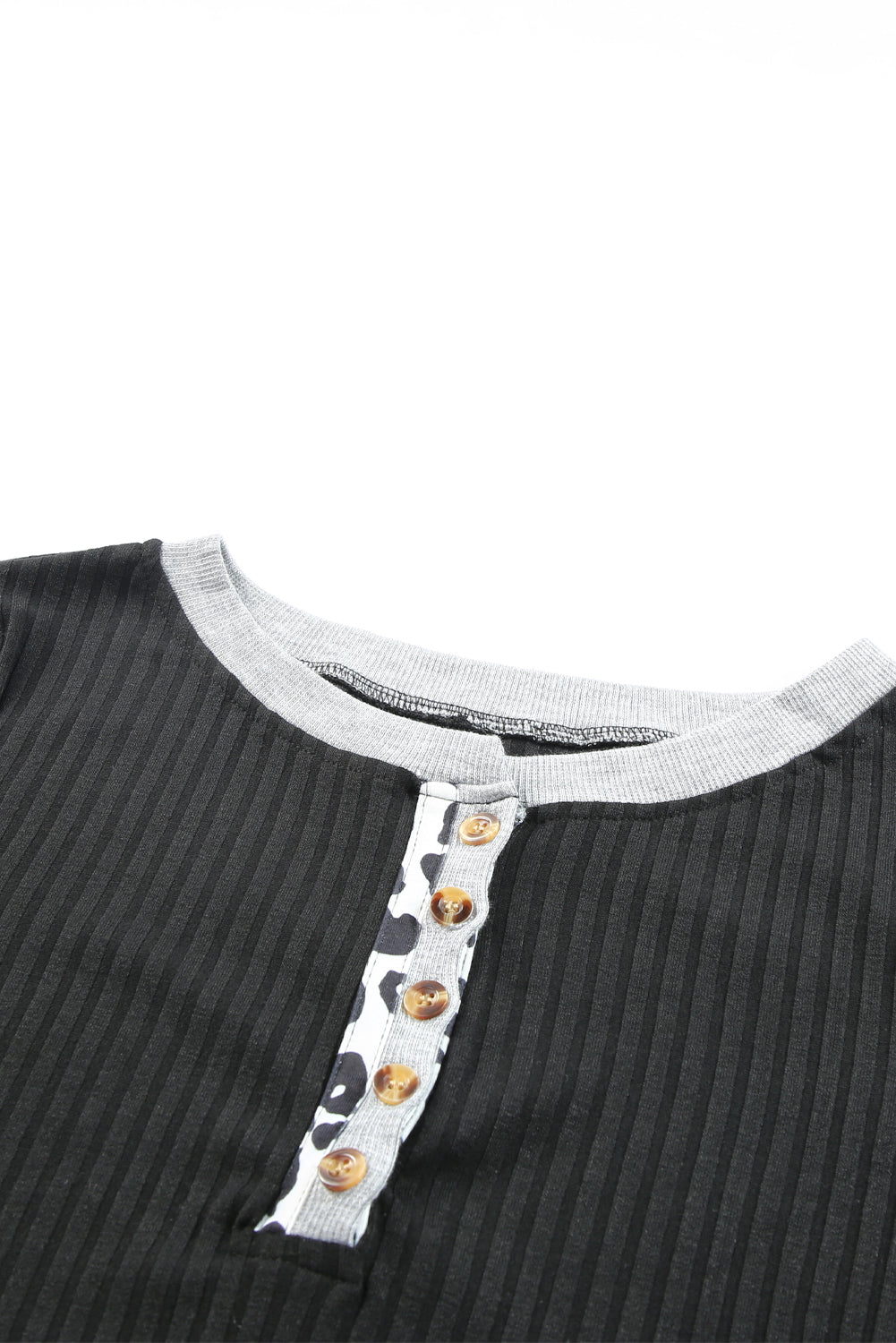 Black Contrast Neckline Ribbed Knit Henley Top