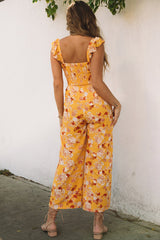 Yellow Floral Print Ruffle Shoulder Smocked Wide Leg Jumpsuit