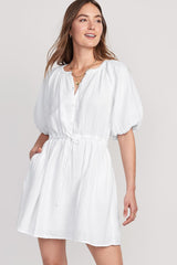 White Puff Sleeve Drawstring Shirt Dress with Pockets