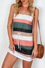 Black Spaghetti Straps Striped Drawstring Waist Mini Dress