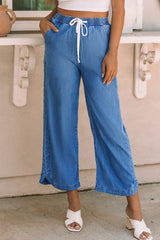 Sky Blue Wide Leg Drawstring Waist Loose Pants