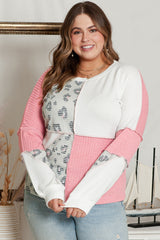 Pink Leopard Patchwork Color Block Knitted Plus Size Top