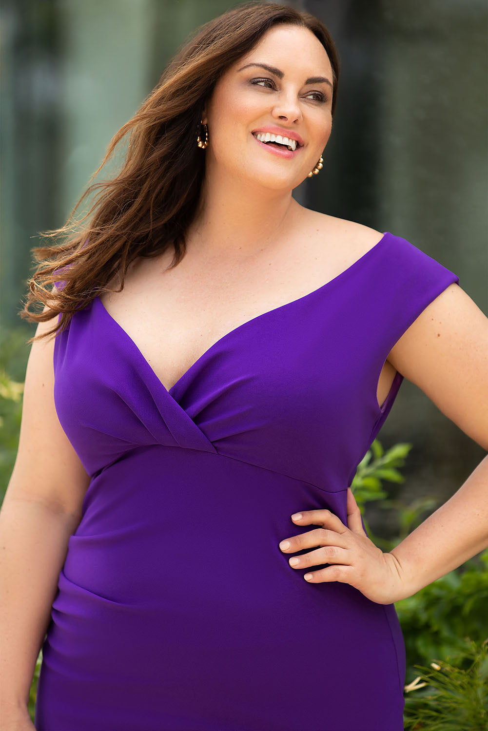 Purple Plus Size Fit and Flare Pleated V Neck Maxi Dress