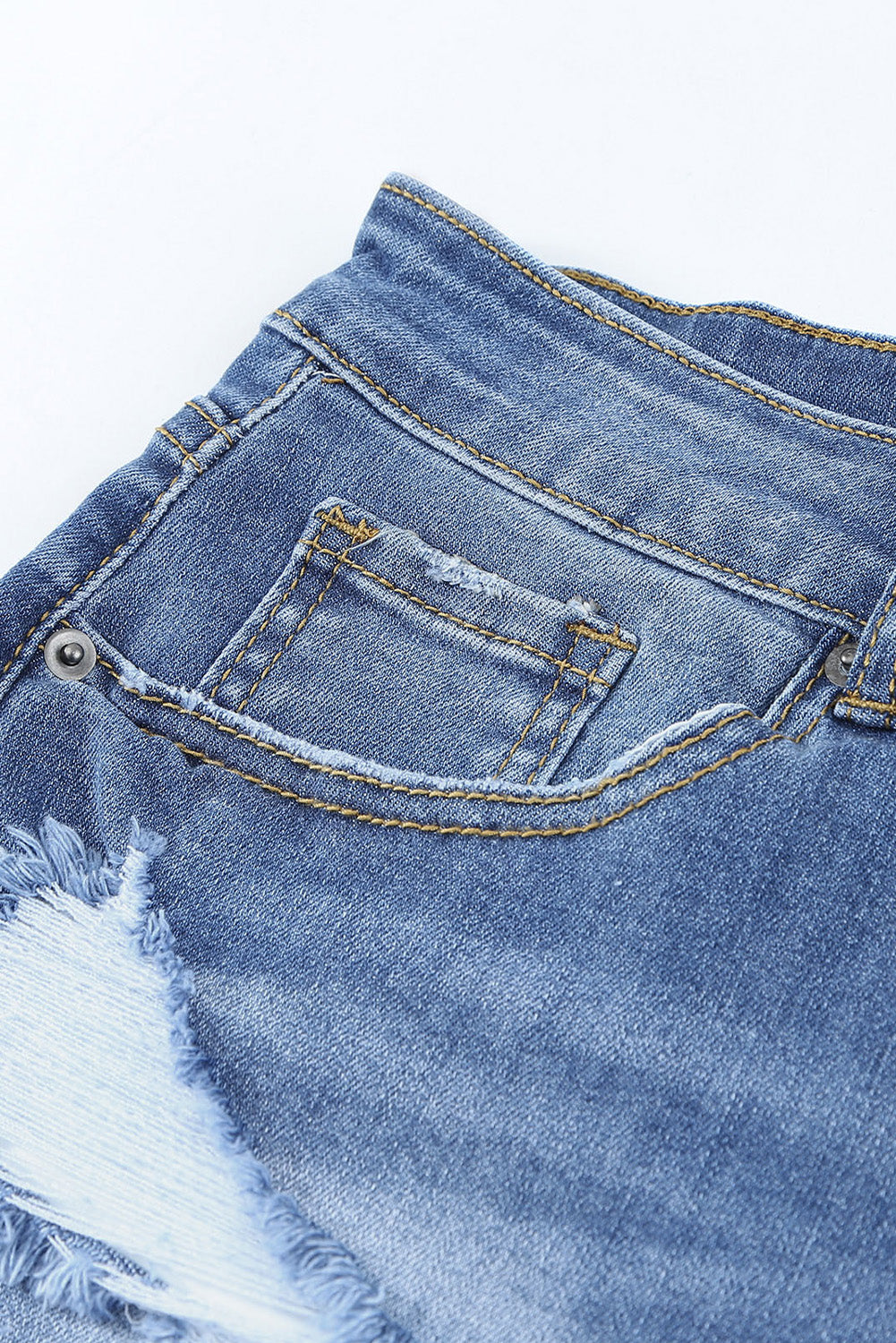 Blue Raw Hem Distressed High Rise Denim Shorts