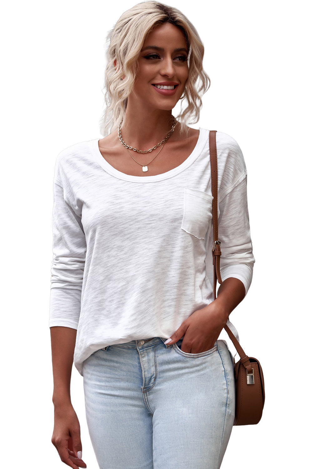 White Plain Basic Long Sleeve Tee with Pocket