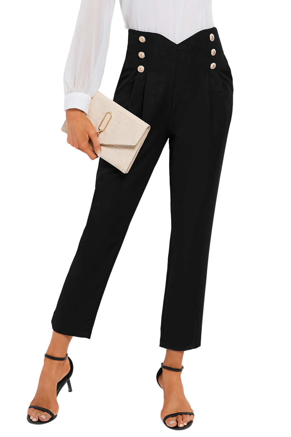 Black Double Breasted Pleated Casual Cropped Pants