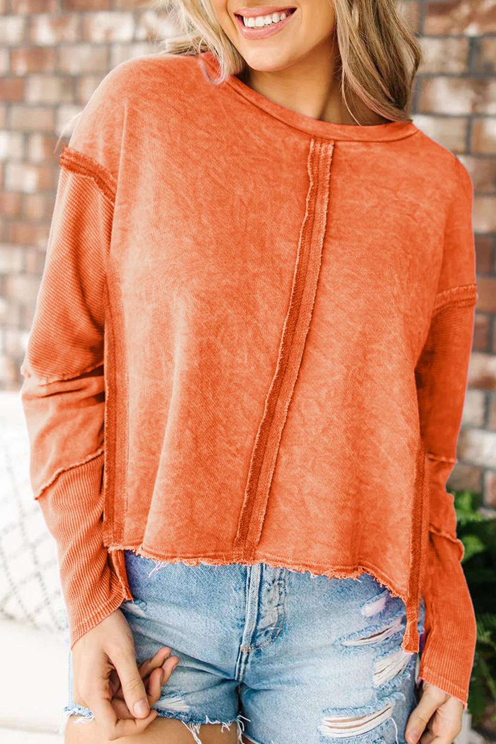 Rose Exposed Seamed High Low Raw Edge Sweatshirt