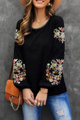 Black Floral Embroidery Long Sleeve Top