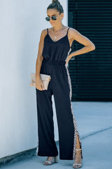 Black Leopard Patchwork Spaghetti Strap Wide Leg Jumpsuit