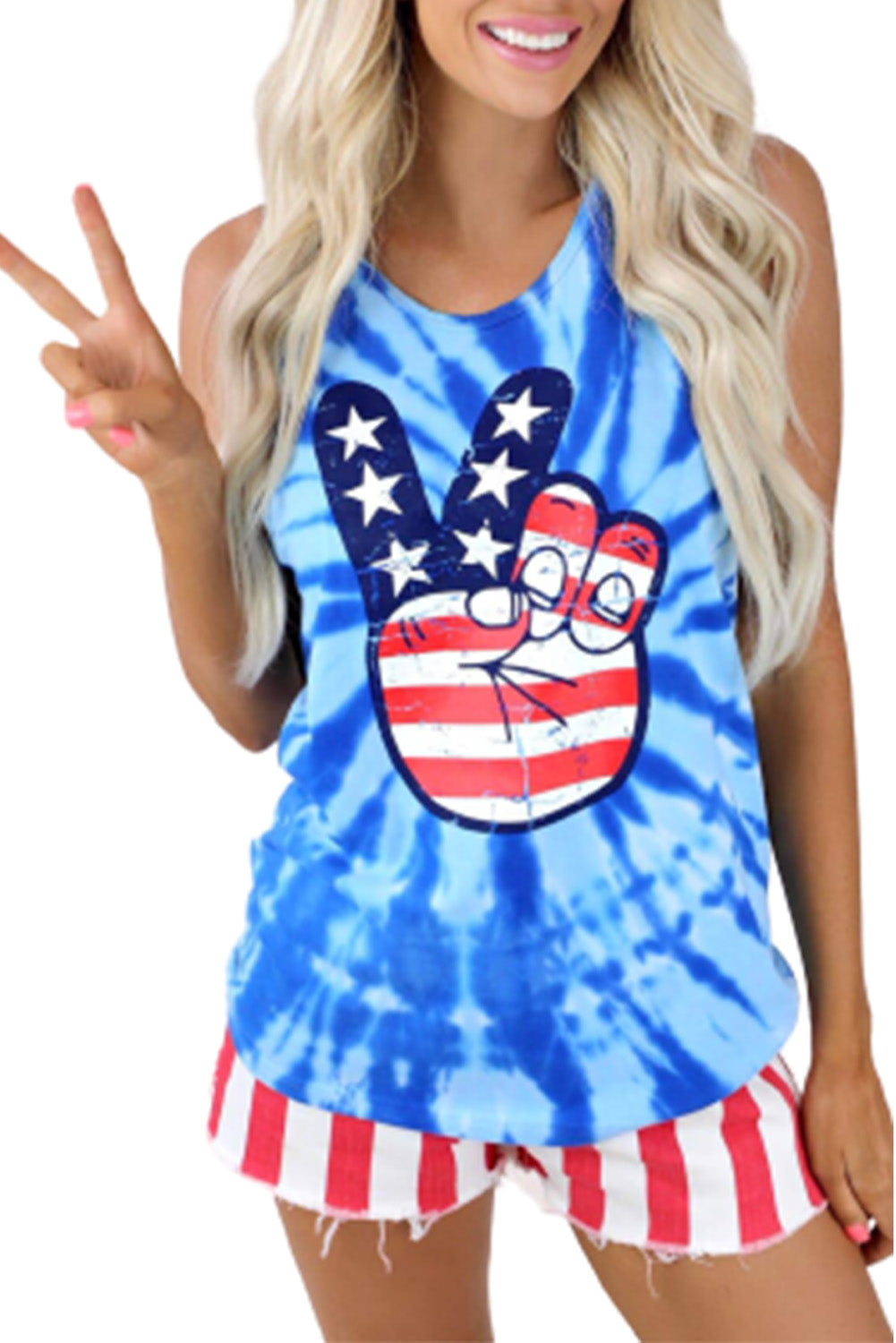 Sky Blue America Peace Tie Dye Striped Star Tank Top