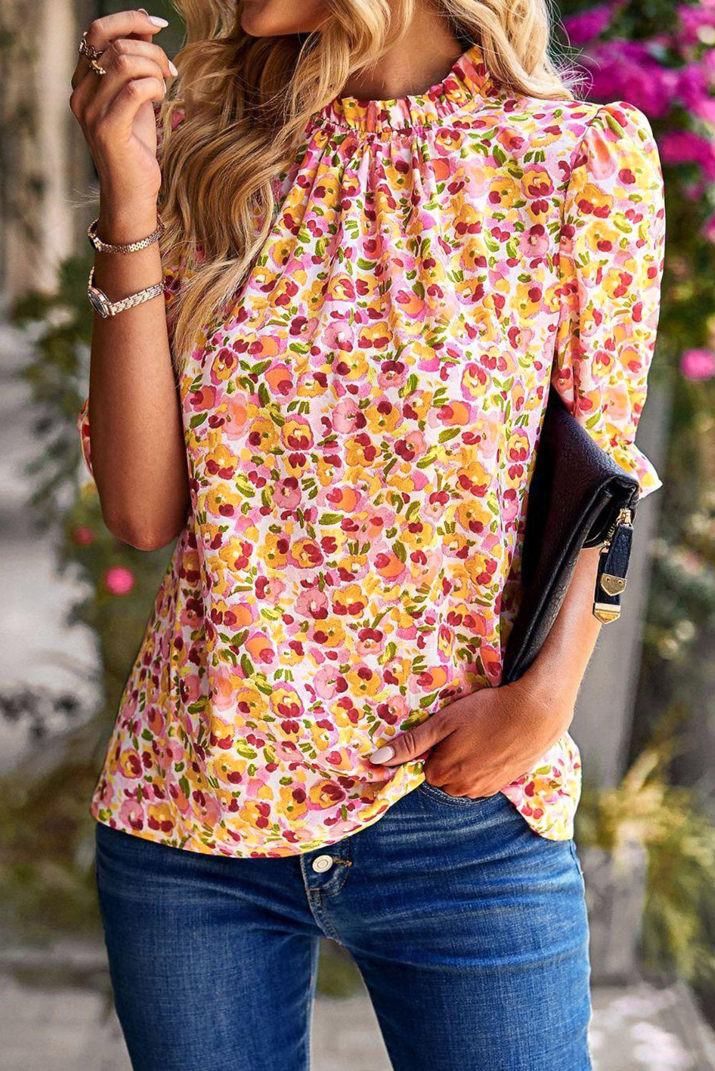 Orange Boho Floral Ruffle Short Sleeve Frill Mock Neck Blouse