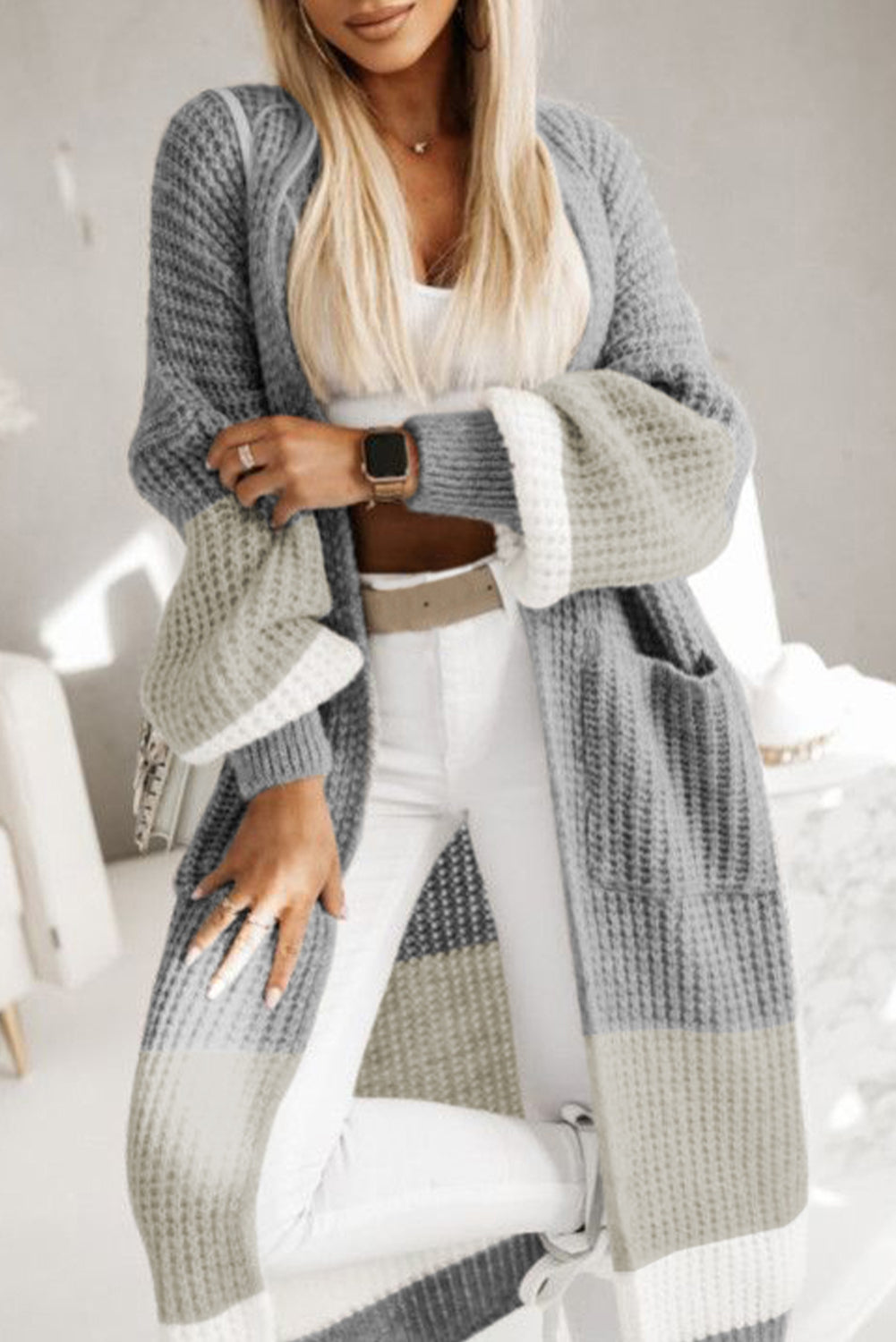 Gray Colorblock Cable Knit Side Pockets Duster Cardigan