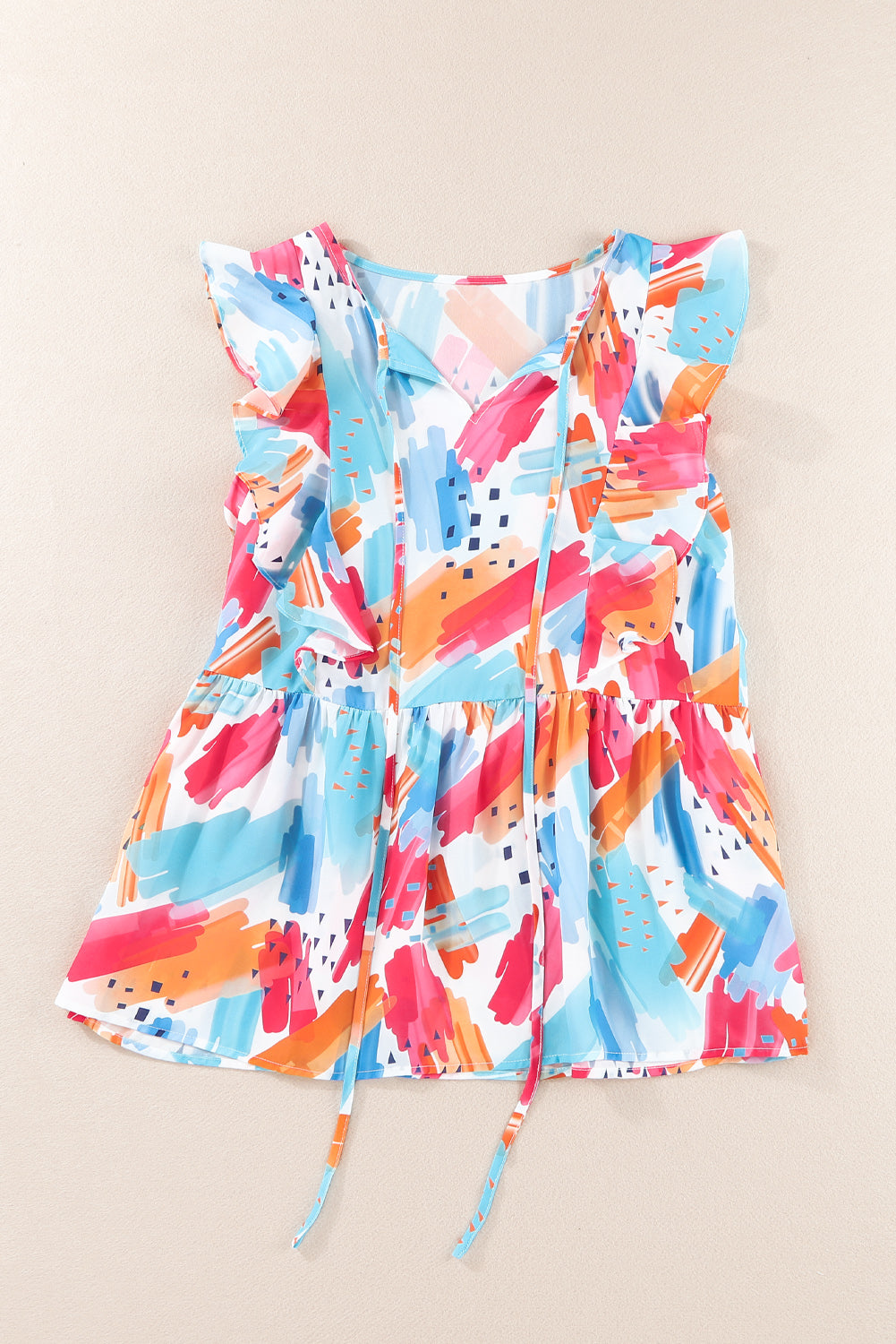 Multicolor Abstract Print V Neck Ruffled Tank