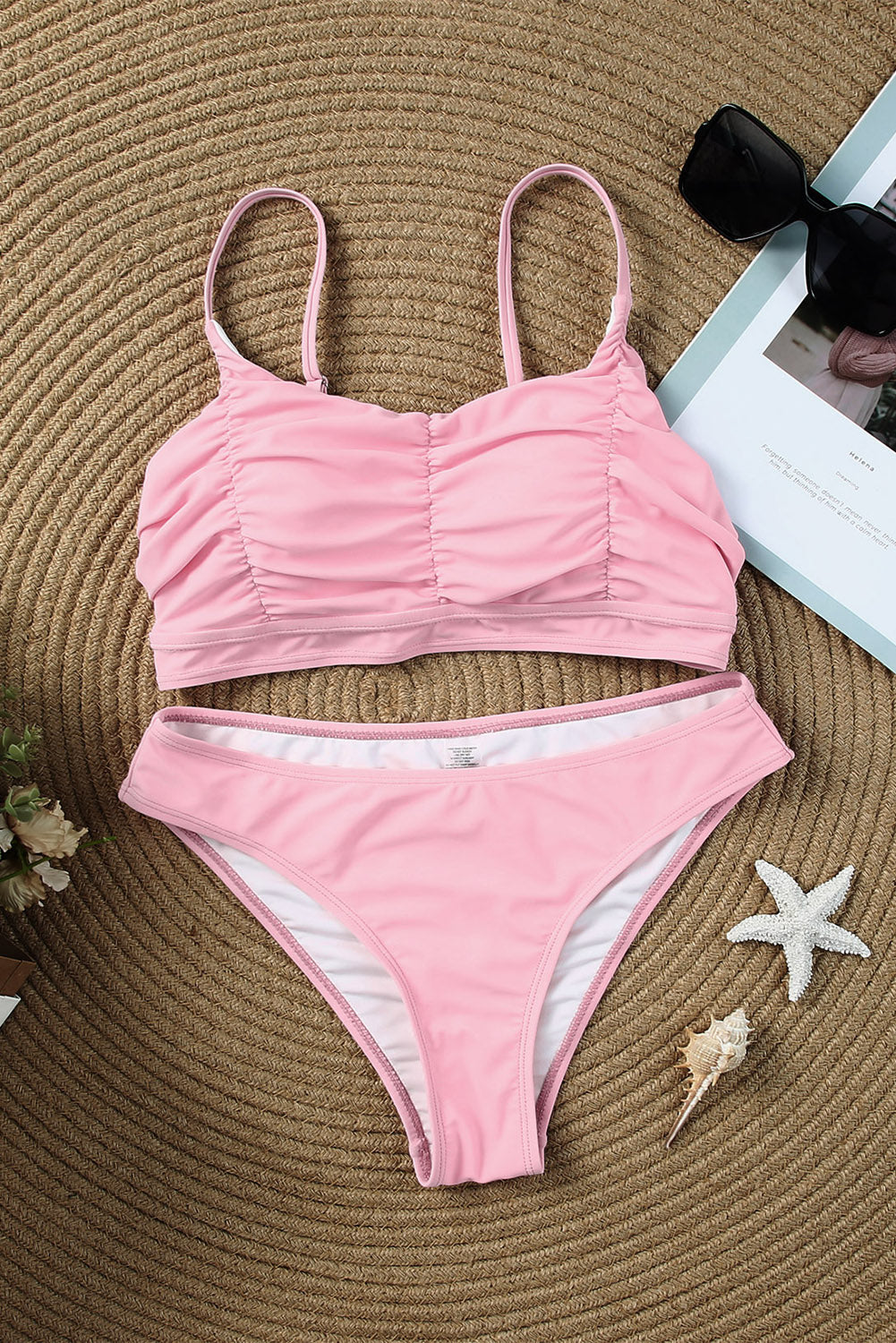 Pink Ruched Bikini Solid 2pcs Swimsuit