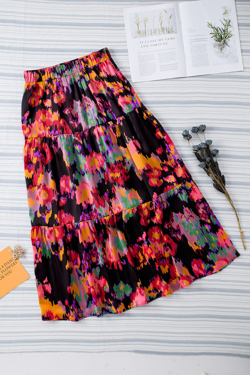 Black Abstract Floral Print High Waist Maxi Skirt