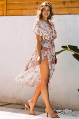 Red Boho Print Deep V Kimono Sleeves Beach Dress with Split