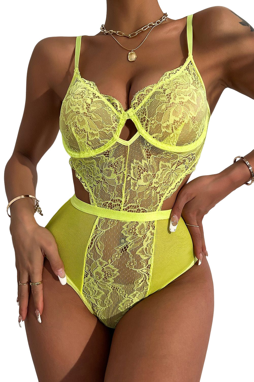 Green Floral Lace Cutout High Waist Teddy Lingerie