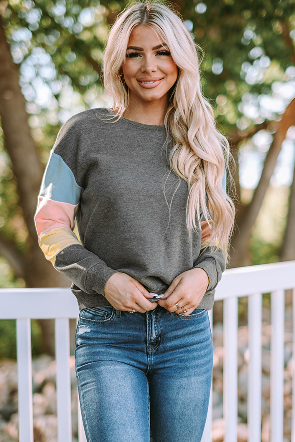 Blue Colorblock Long Sleeve Pullover Sweatshirt