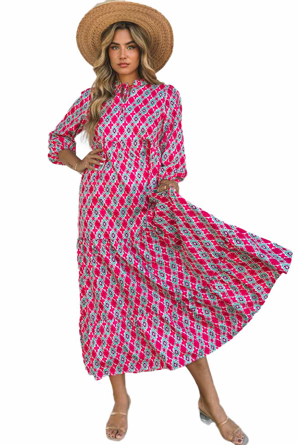 Rose Bohemian Geometry Print 3/4 Puff Sleeve Dress