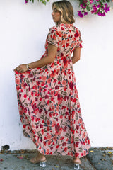 Red Floral Print Frilled V Neck Short Sleeve Maxi Dress