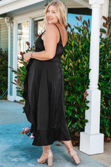 Black Ruffled Thigh High Slit Sleeveless Plus Size Evening Dress