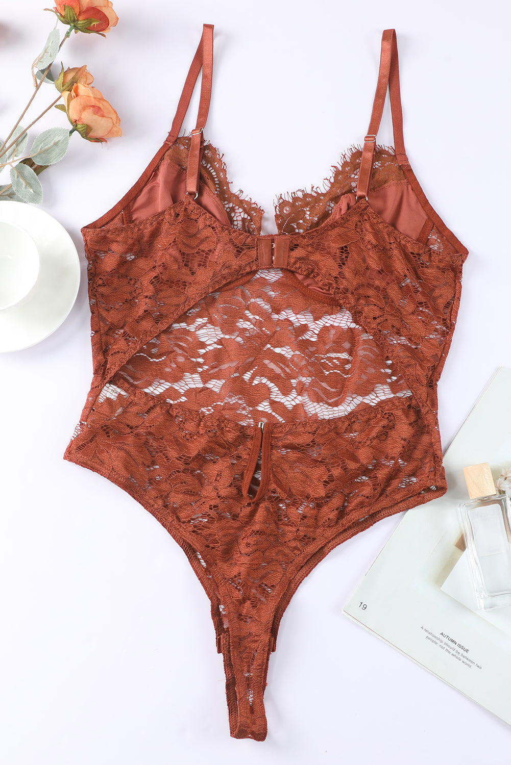 Brown Floral Lace Spaghetti Straps Cut out Back Bodysuit