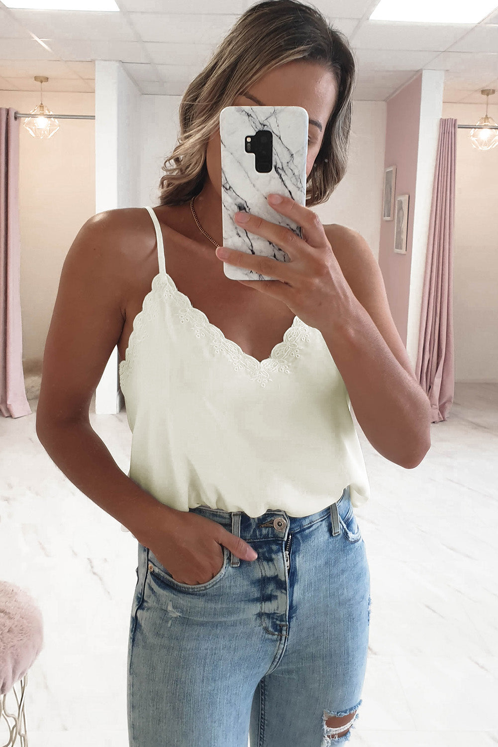 White Scalloped V Neck Embroidered Camisole Top