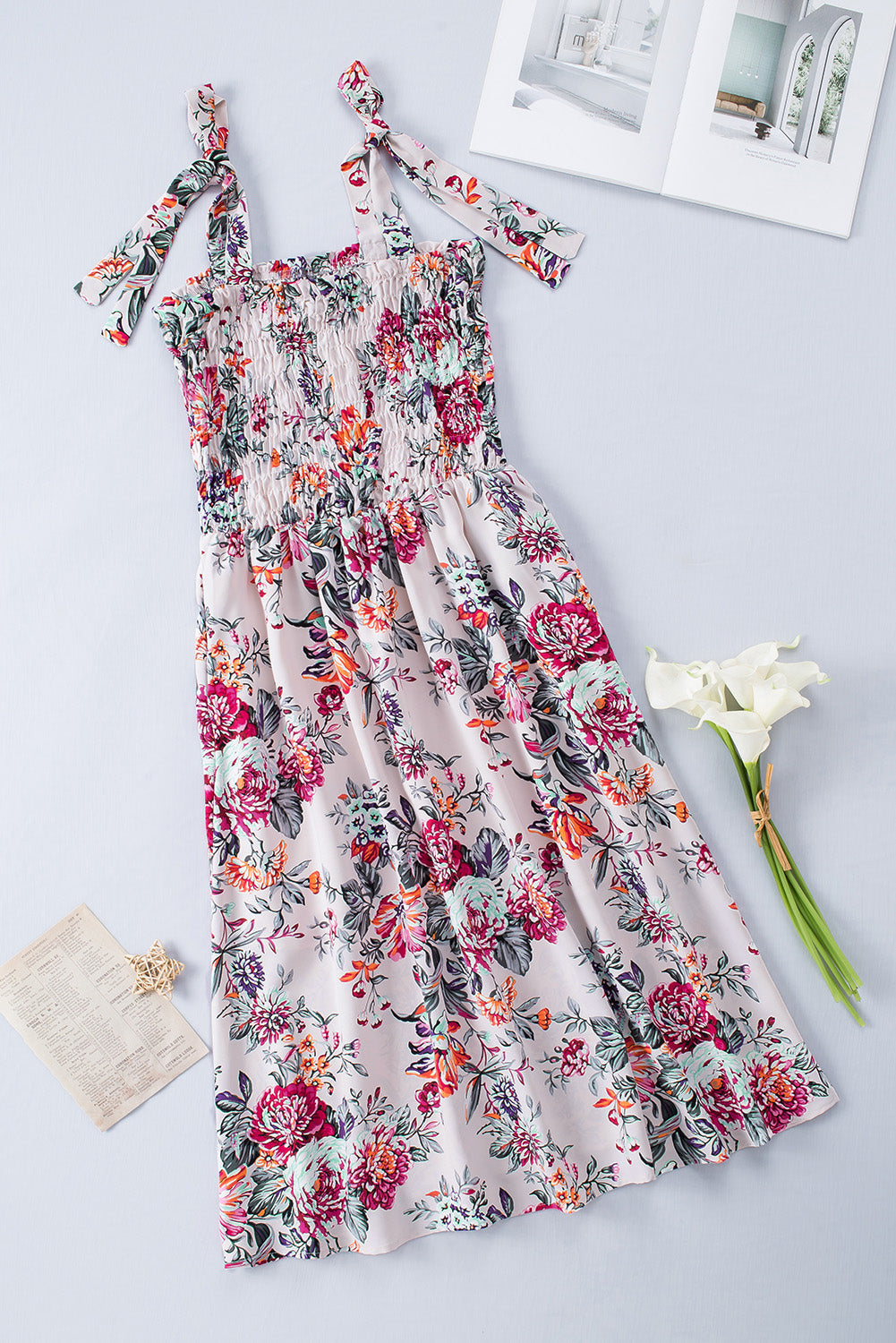 Sky Blue Tie Straps Smocked Floral Dress