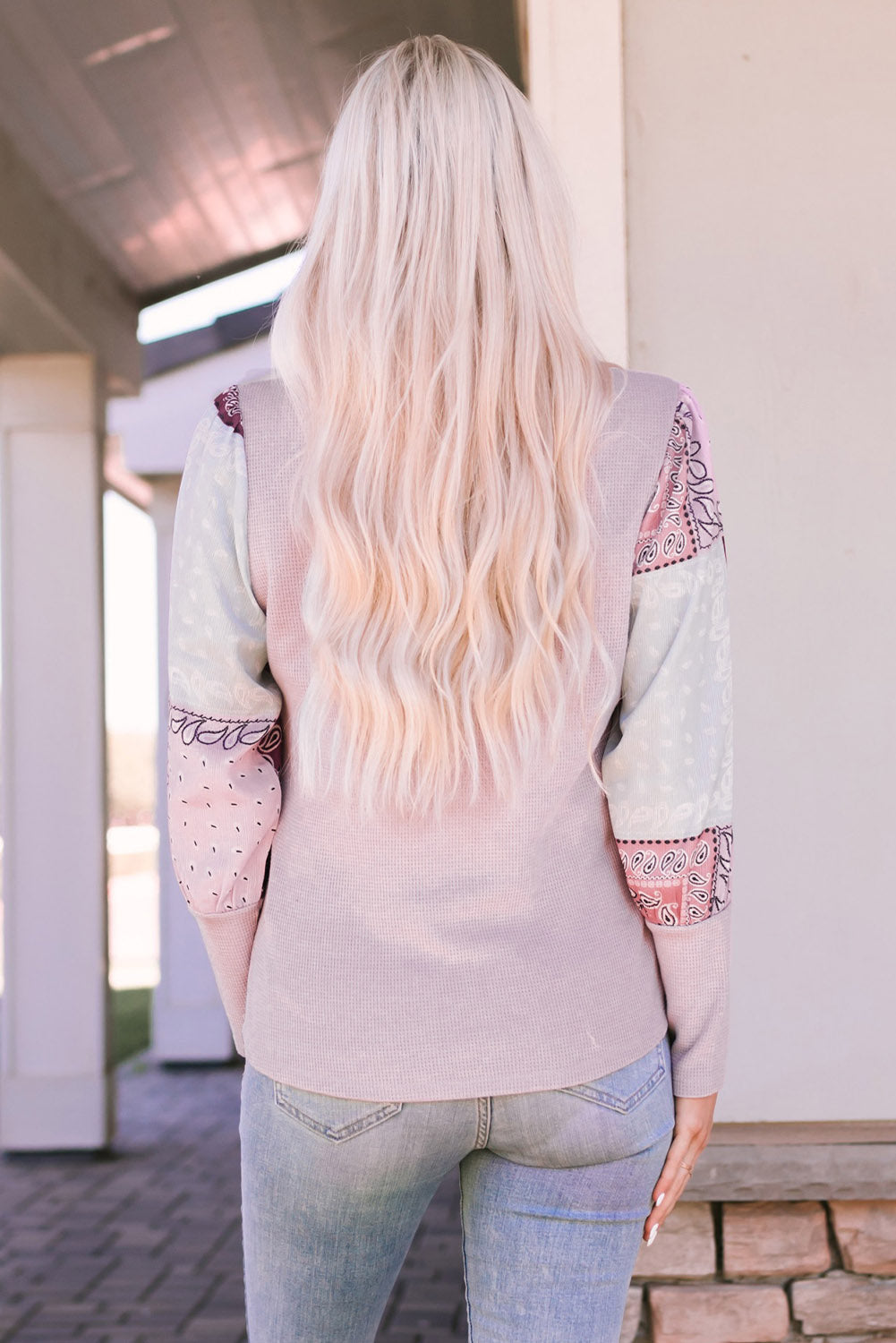 Pink Tribal Pattern Patchwork Waffle Knit Long Sleeve Top