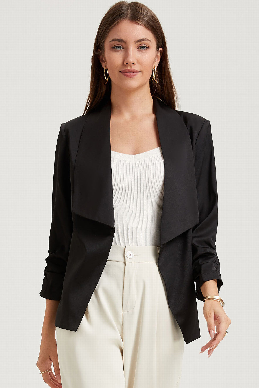 Apricot Solid Lapel Collar Satin Blazer