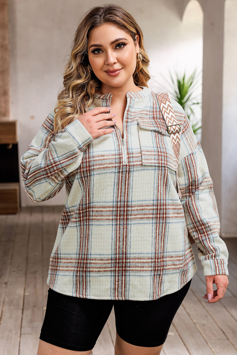 Beige Plus Size Plaid Half-Zipper Sweatshirt with Chest Pocket