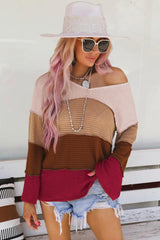 Stripe Color Block Waffle Knit Bell Sleeve Jumper