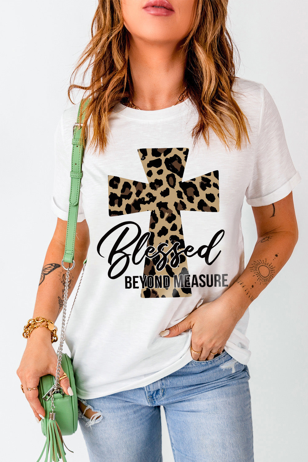 White Blessed Leopard Cross Graphic T Shirt