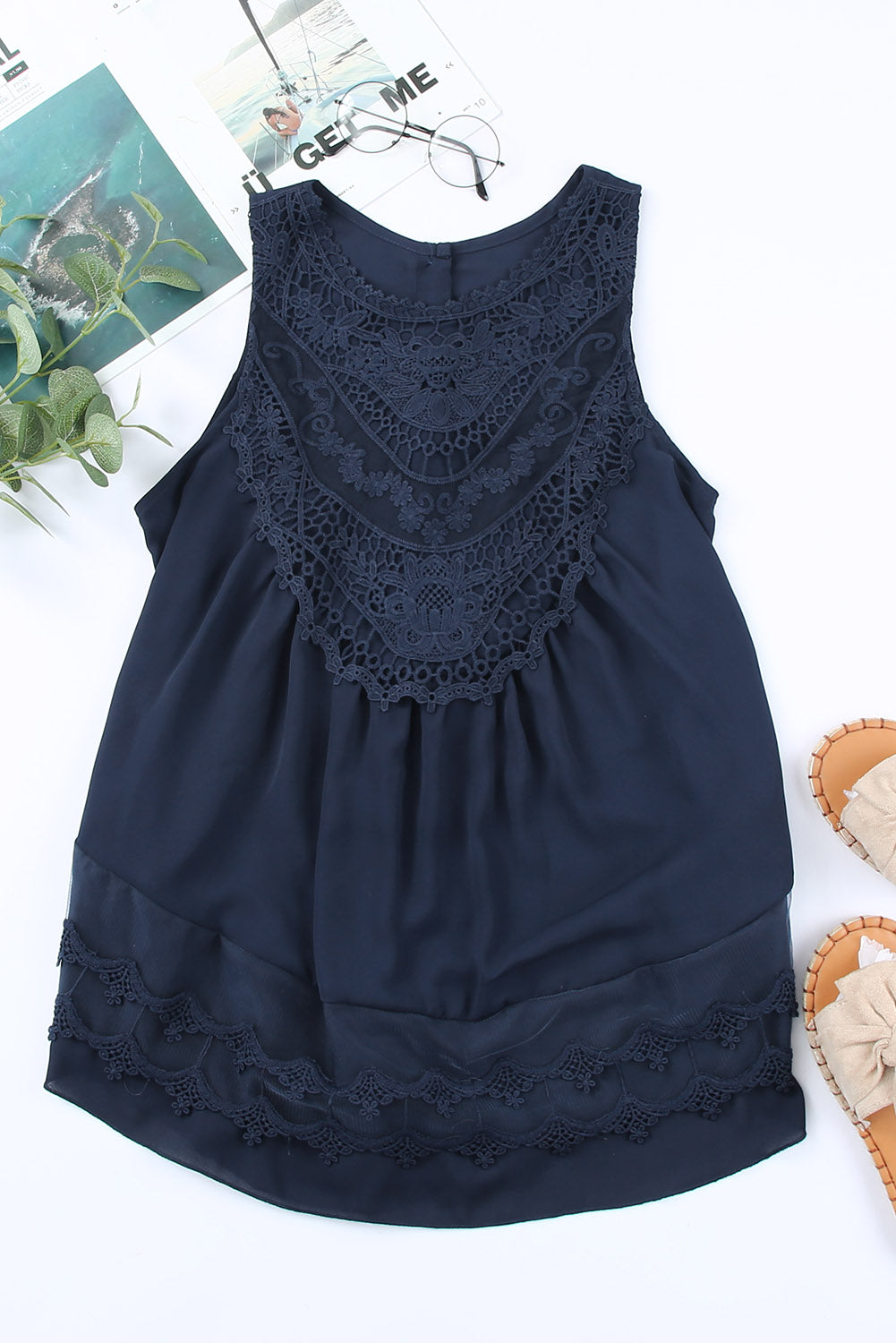 Black Lace Detail Buttons Back Sleeveless Top