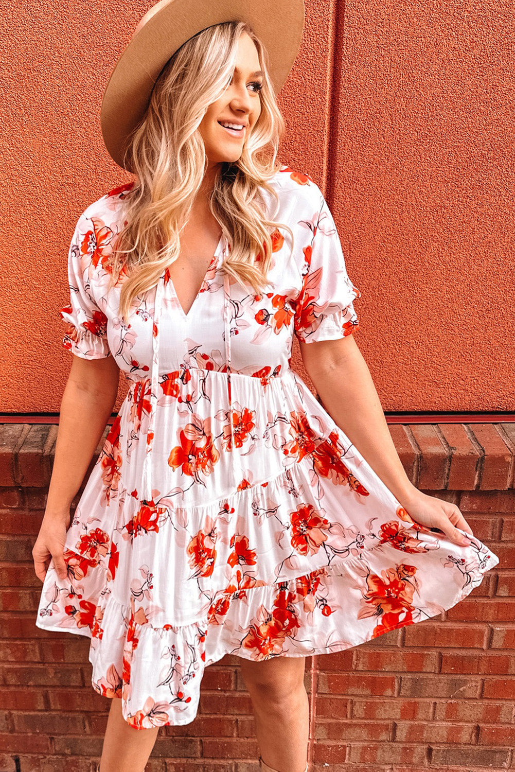 Beige Blooming Floral Tassel Tie Babydoll Dress