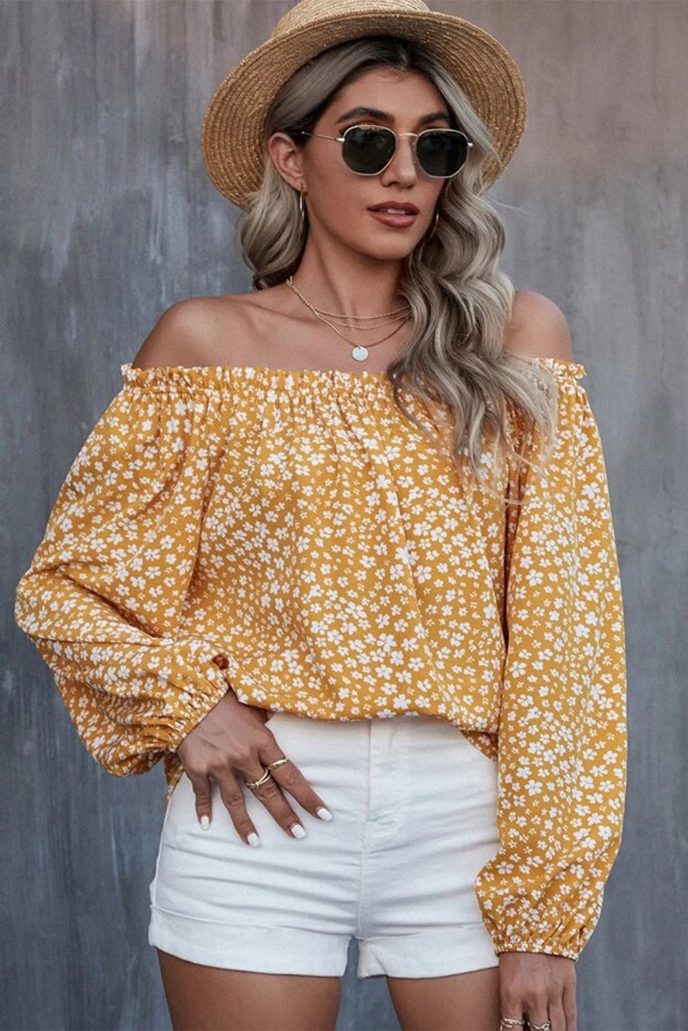 Yellow Floral Print Frill Trim Off-shoulder Lantern Sleeve Blouse