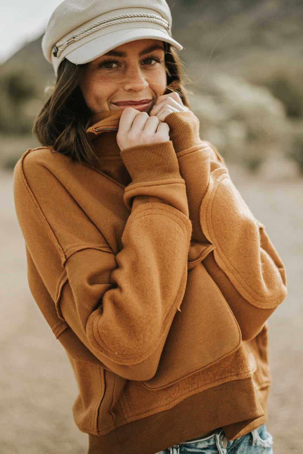 Brown Zip Collared Big Flap Pocket Exposed Seam Sweatshirt