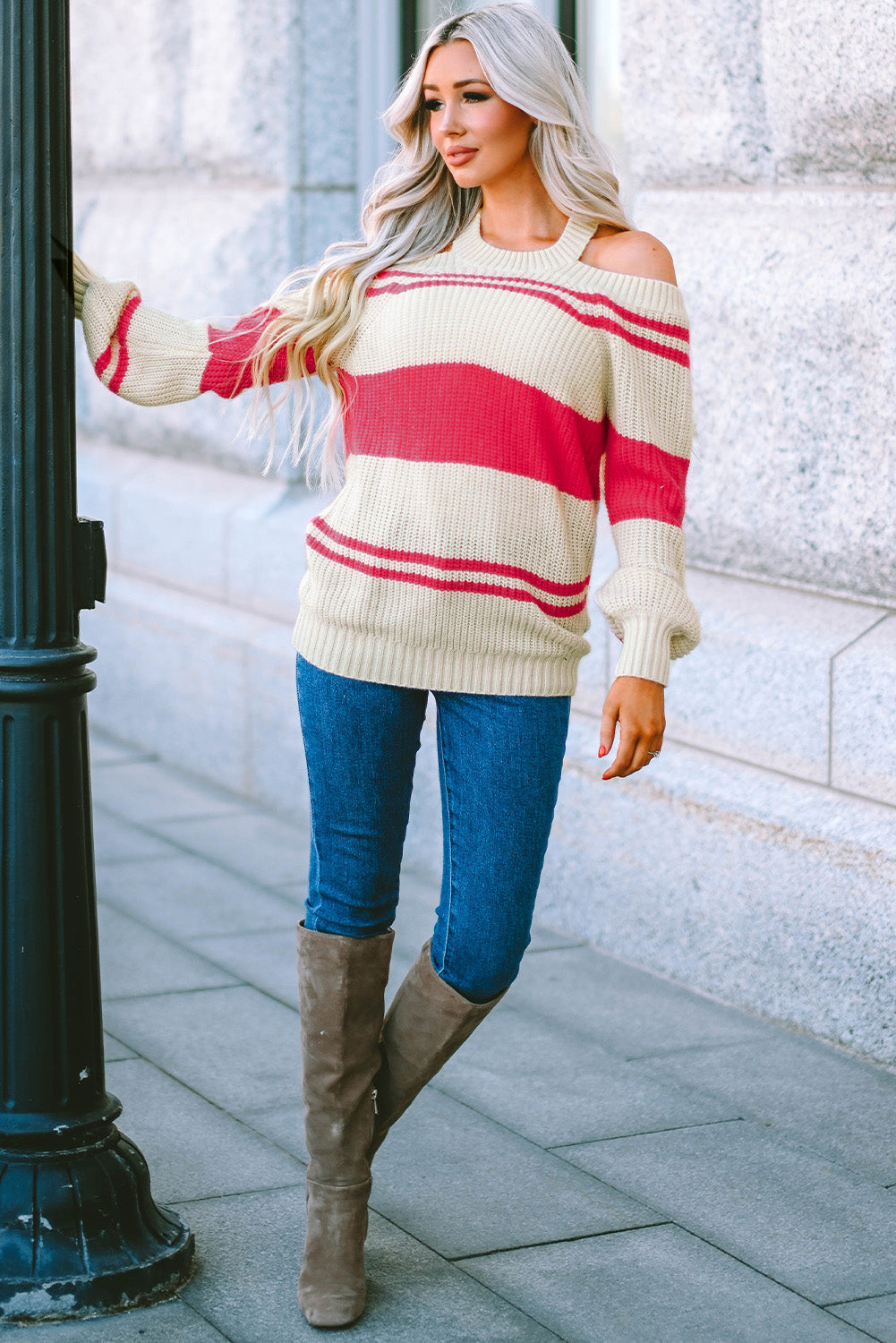 Black Striped Cold Shoulder Knit Sweater