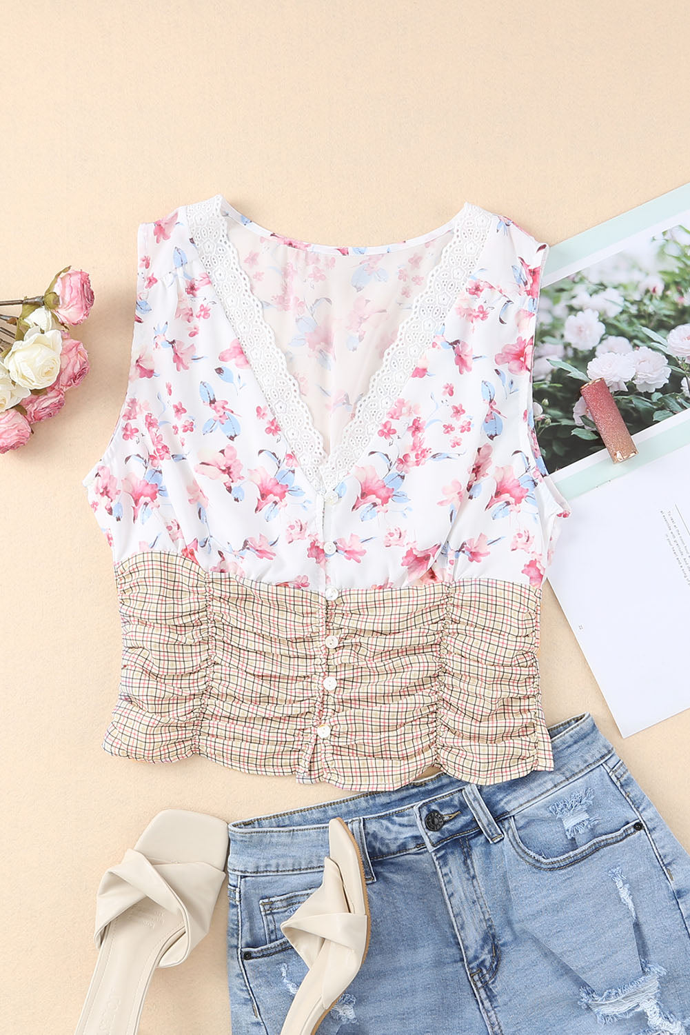 White Floral Plaid Lace Patchwork Tank Top