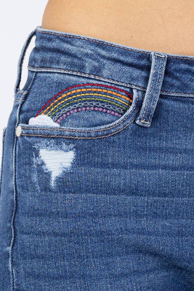 High Rise Rainbow Embroidery Cropped Straight Leg Jeans