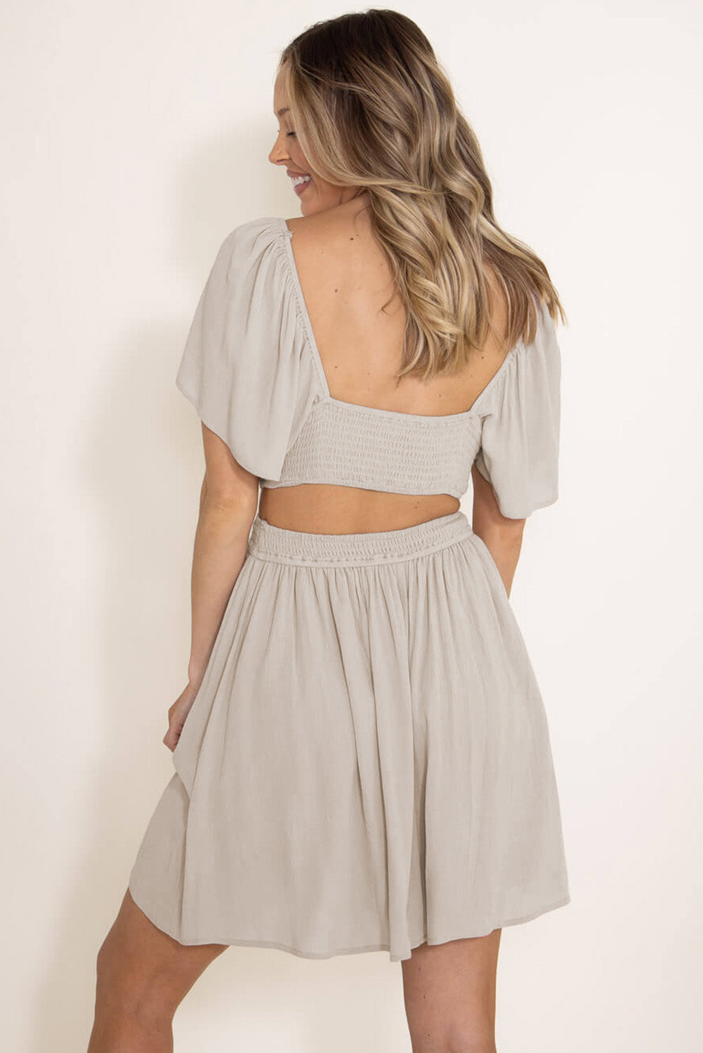 Beige Fake Two-Piece Cutout Ruffle Flowy Dress